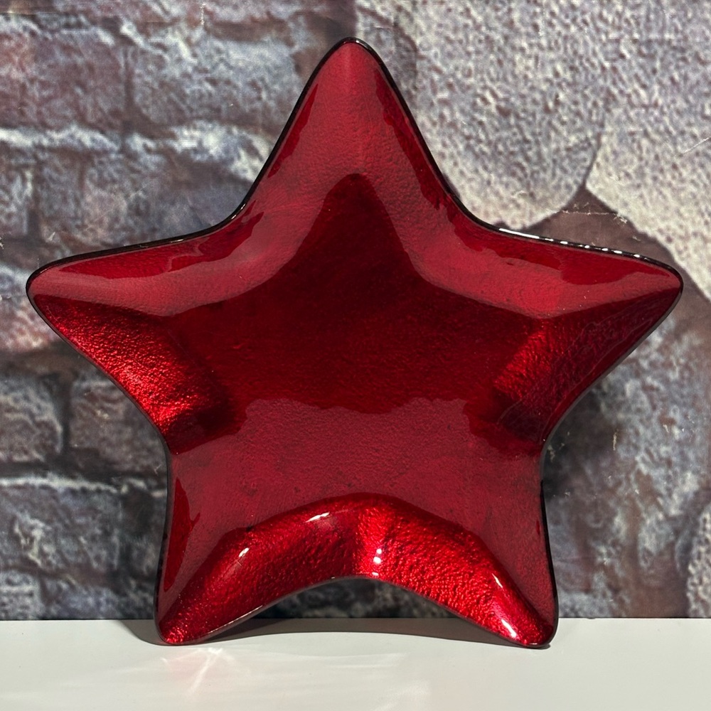 Christmas Star Shaped Glass Dessert Snack Plate Tray RED SHIMMER